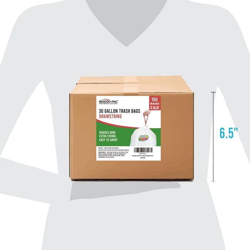 BEIDOU-PAC 30 Gallon Trash Bags Drawstring, 150 Count, White | Unscented | Heavy Duty Multi-purpose Garbage Bags Can Liners for Business Home Kitchen Commercial and Industrial - Image 3